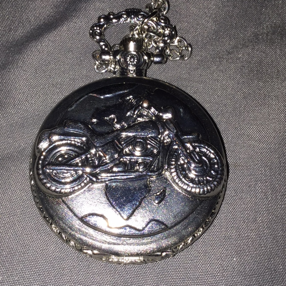 Silver motorcycle pocket watch 30 inch chain